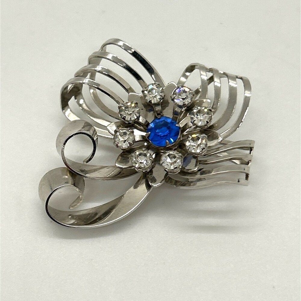 Vintage Bow Brooch Ribbon Pendant Floral & Clear Blue Center Silver-tone - Picture 4 of 11